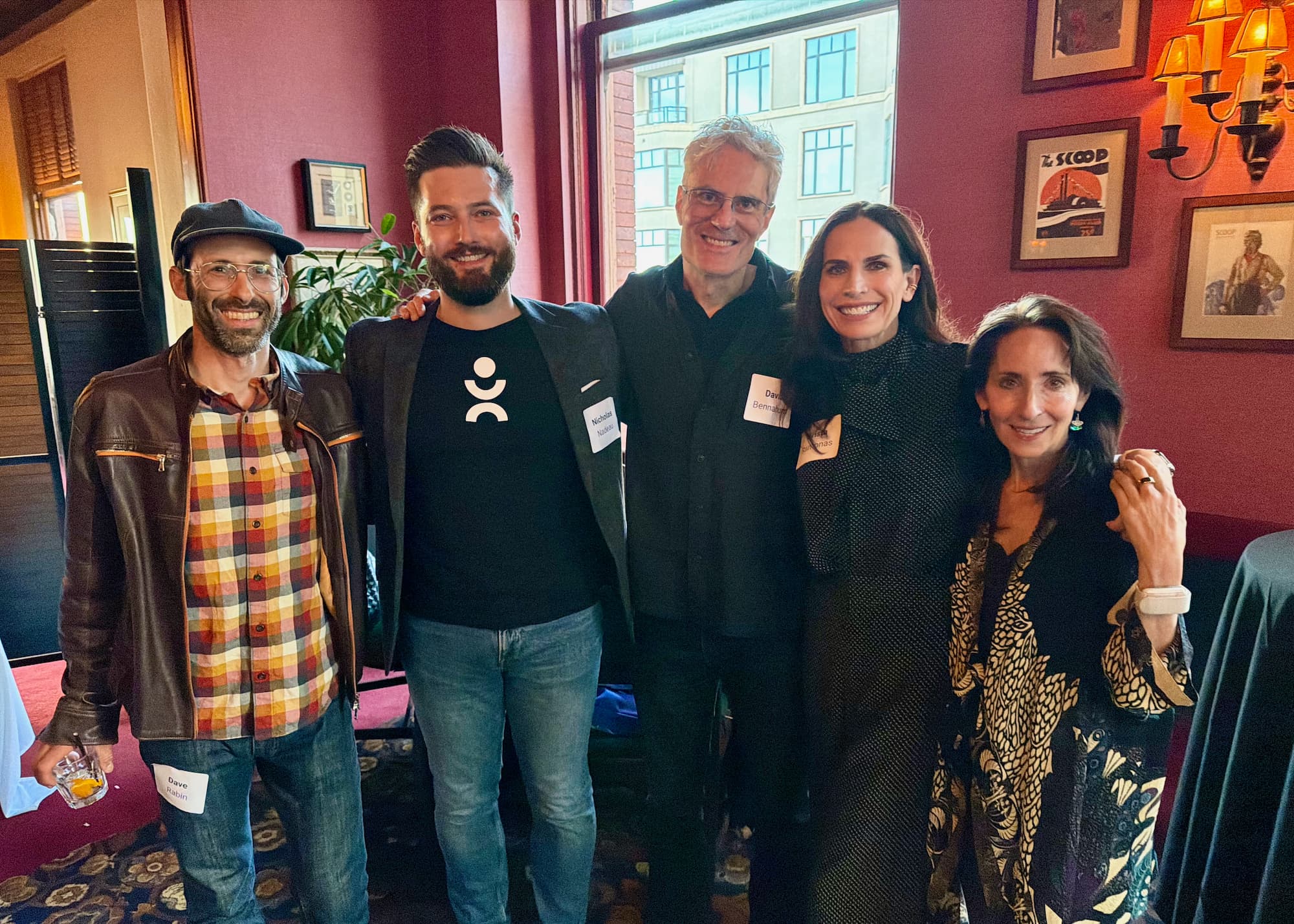 Dave Rabin, Nicholas Nadeau, David Bennahum, Krista Ramonas, and Elissa Epel standing together and smiling at an indoor event.